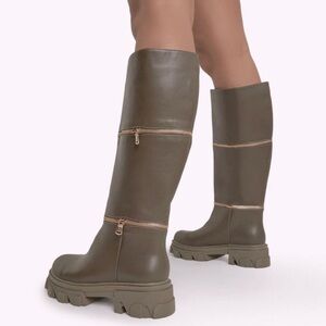 Pola Zip Detail Chunky Sole Knee High Nylon Biker Boots Army Green Pull-…